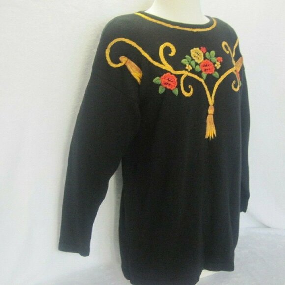 Vintage Women's Sweater Marisa Christina Black Gold Red Embroidered Size Medium - Picture 3 of 9